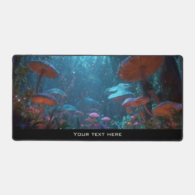 Magical Fantasy Enchanted Blue Mushroom Forest Desk Mat (Front)