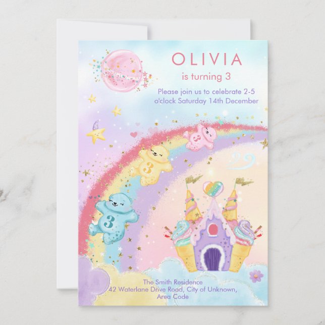 Magical Fantasy Rainbow Bears Kids Birthday Invitation (Front)