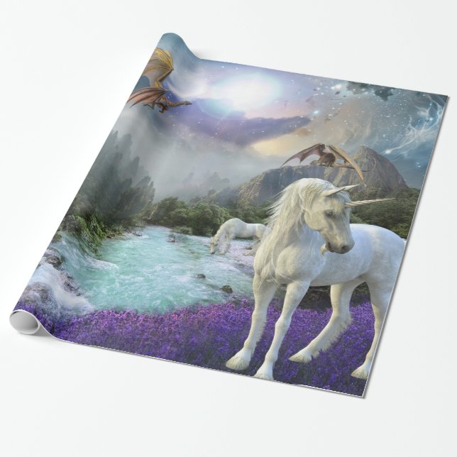Magical Fantasy Unicorn Dragon Landscape Wrapping Paper (Unrolled)