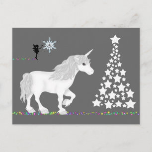 Magical Fantasy Unicorn, Fairy and Christmas Tree Holiday Postcard