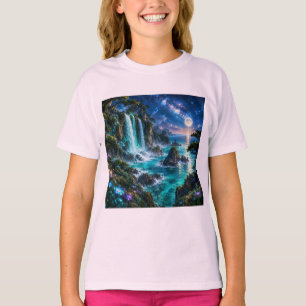 Magical Fantasy Waterfall on Ocean Coast Under Mil T-Shirt