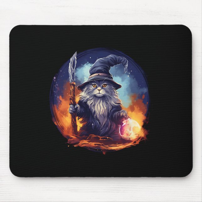 Magical Feline Sorcerer Enchanting Wizard Cat  Mouse Mat (Front)