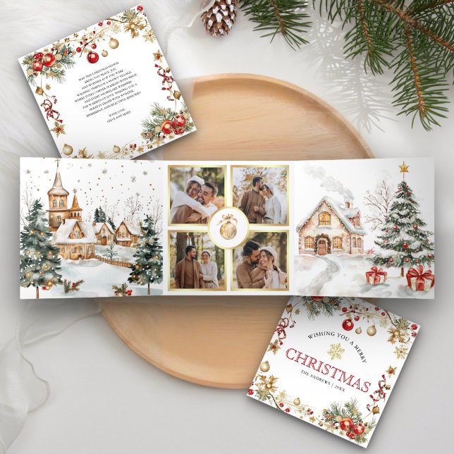 Magical Festive Winter Village 4 Photo Christmas Tri-Fold Holiday Card (Creator Uploaded)