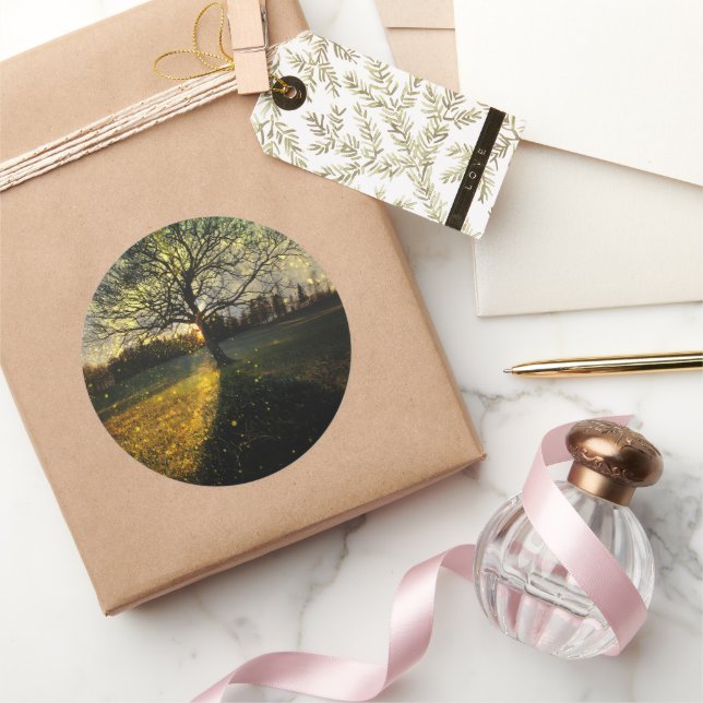Magical fireflies dreamy landscape classic round sticker (Gifting)