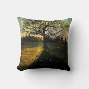 Magical fireflies dreamy landscape cushion