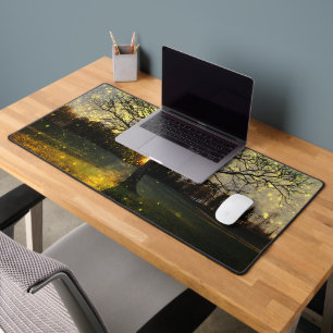 Magical fireflies dreamy landscape desk mat