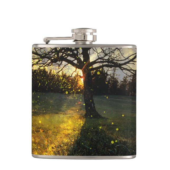 Magical fireflies dreamy landscape hip flask (Front)
