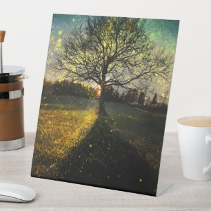 Magical fireflies dreamy landscape pedestal sign