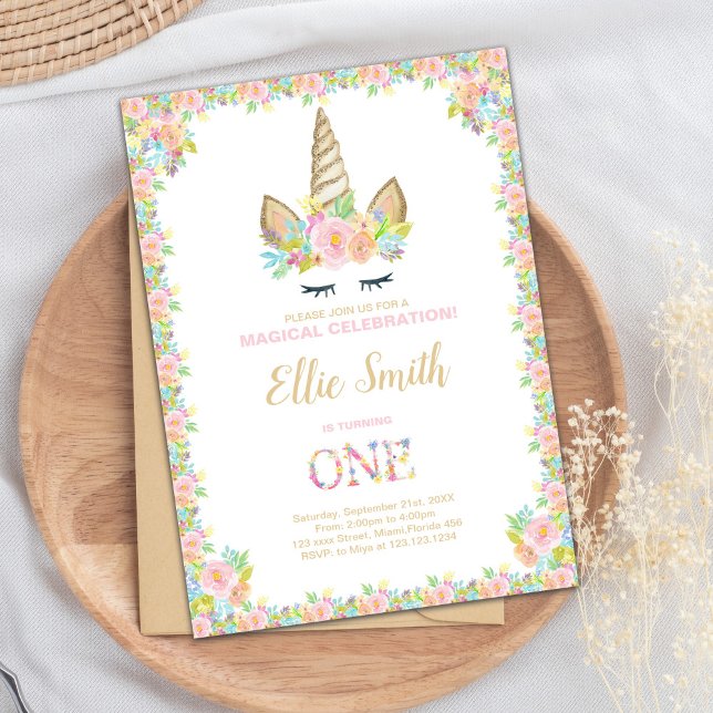 Magical First Birthday Party Card (First Unicorn Birthday Invitations)