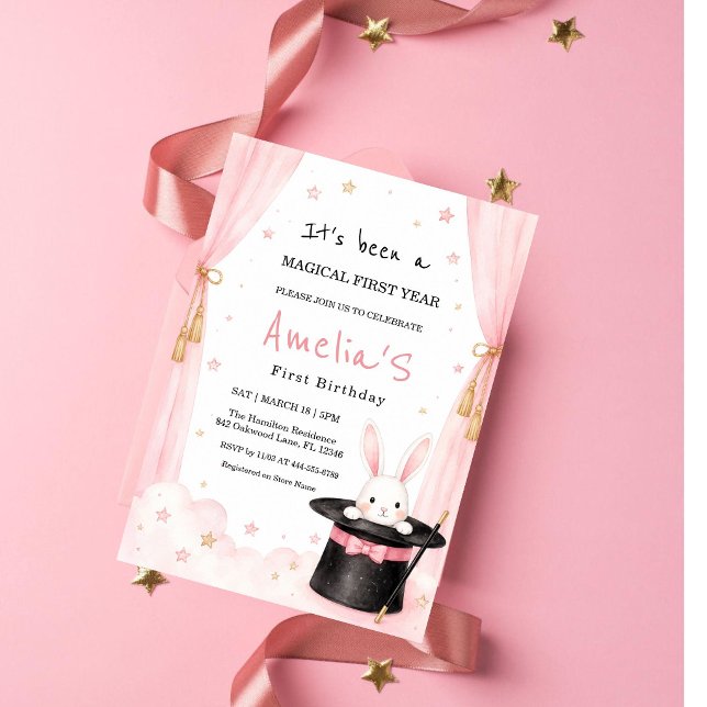 Magical First Birthday Pink Bunny Magic Hat  Invitation (Creator Uploaded)