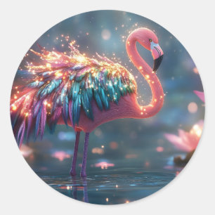 Magical Flamingo Fantasy Art with Colorful Feather Classic Round Sticker