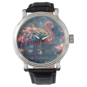 Magical Flamingo Fantasy Art with Colorful Feather Watch