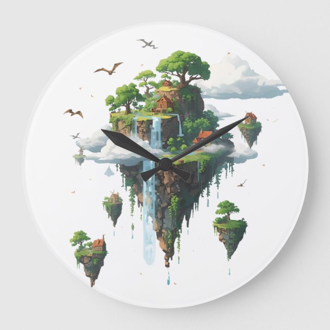 Magical Floating Islands with Trees, Birds & Drago Large Clock (Front)
