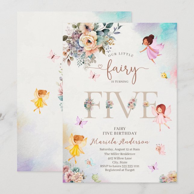 Magical Floral Fairy Princess is turning five  wat Invitation (Front/Back)