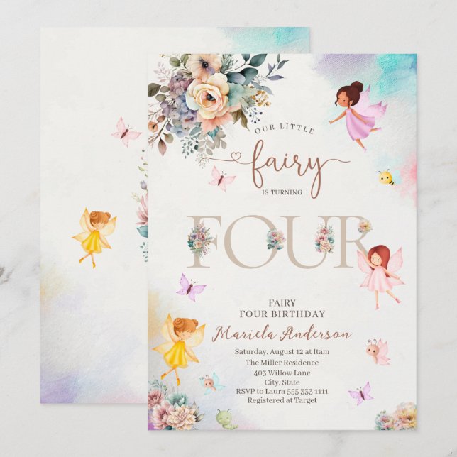 Magical Floral Fairy Princess is turning four  wat Invitation (Front/Back)