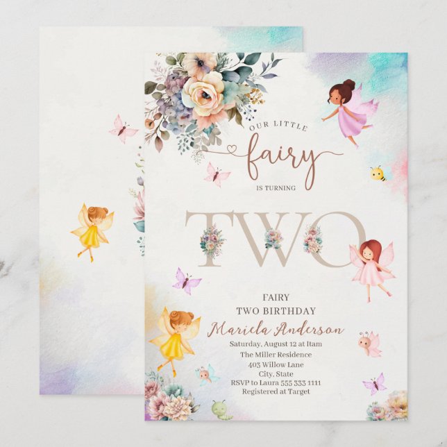 Magical Floral Fairy Princess is turning two  wate Invitation (Front/Back)