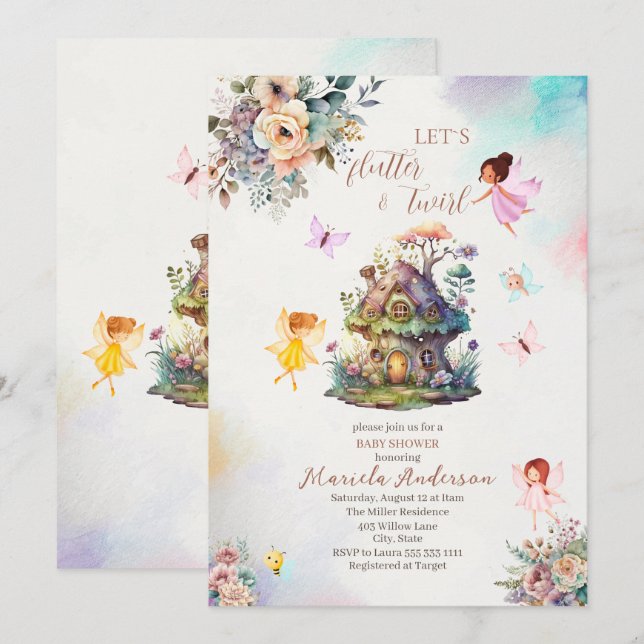 Magical Floral Fairy Princess  watercolor Baby Sho Invitation (Front/Back)