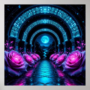 Magical Floral Pathway with Glowing Roses Poster