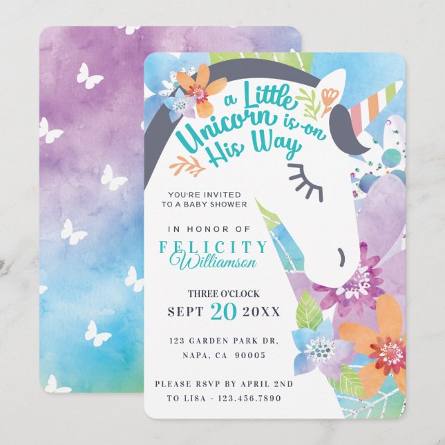 Magical Floral Unicorn Baby Boy Shower Invitation (Front/Back)