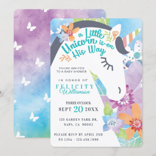 Magical Floral Unicorn Baby Boy Shower Invitation