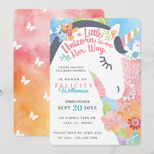 Magical Floral Unicorn Baby Girl Shower Invitation (Front/Back)