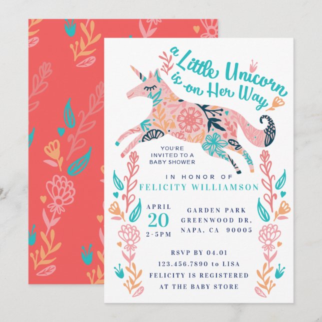 Magical Floral Unicorn Baby Girl Shower Invitation (Front/Back)