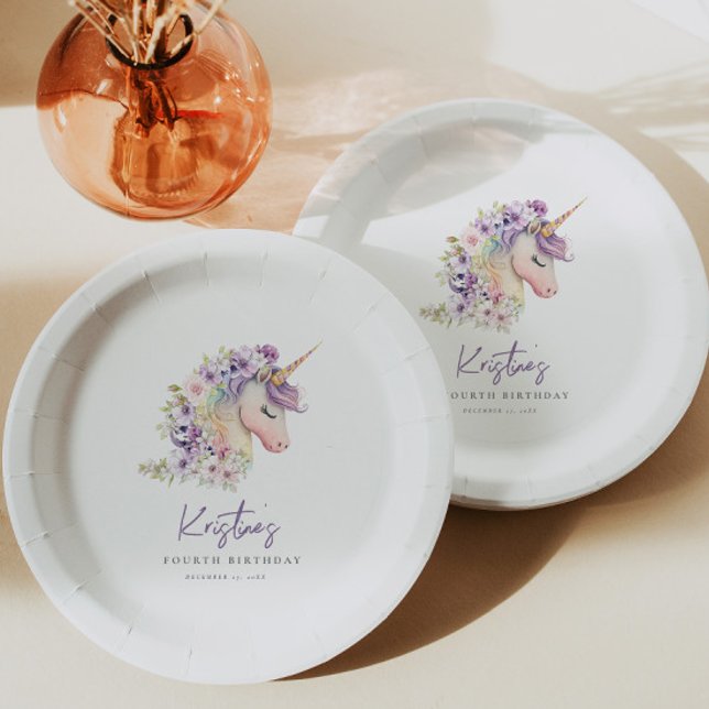Magical Floral Unicorn Birthday  Paper Plate (Creator Uploaded)