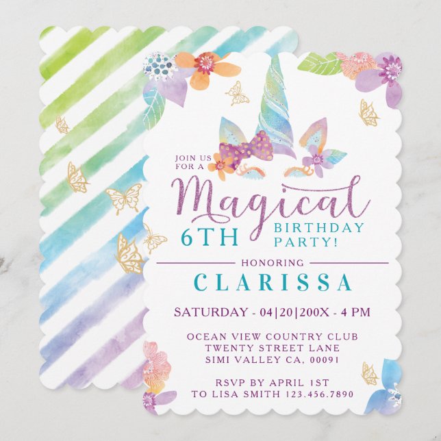 Magical Floral Unicorn Girl's Birthday Invitation (Front/Back)