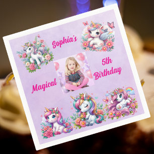 Magical Floral Unicorn Photo Kids Birthday Party Napkin