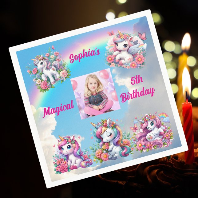 Magical Floral Unicorn Photo Kids Birthday Party  Napkin (Creator Uploaded)