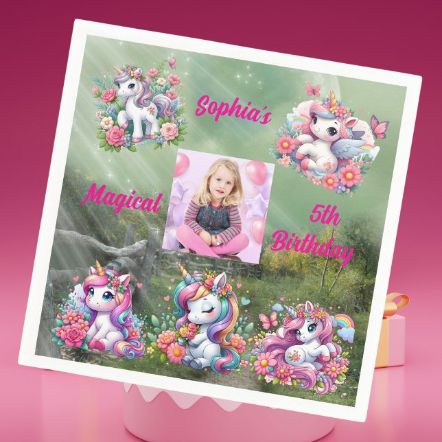 Magical Floral Unicorn Photo Kids Birthday Party  Napkin (Creator Uploaded)
