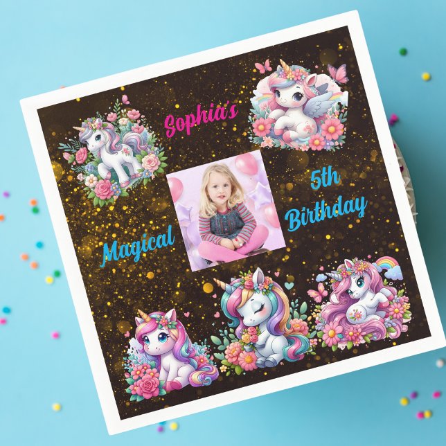 Magical Floral Unicorn Photo Kids Birthday Party  Napkin (Creator Uploaded)