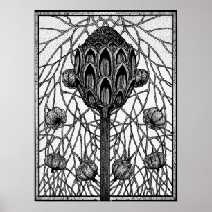 Magical Flower Branches Plant Ink Drawing Poster