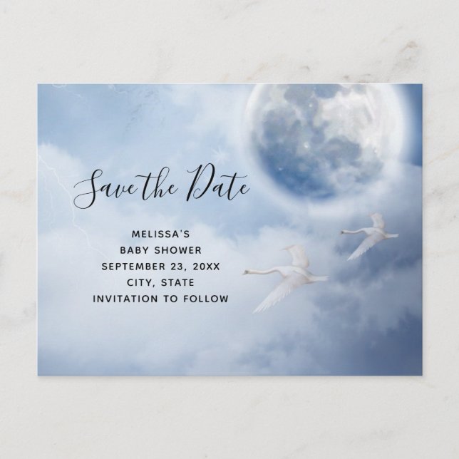 Magical Flying Swans Baby Shower Save the Date Invitation Postcard (Front)