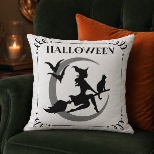 Magical Flying Witch Halloween Typography Cushion