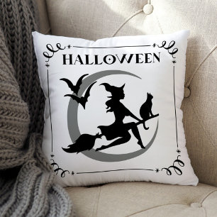 Magical Flying Witch Halloween Typography Cushion