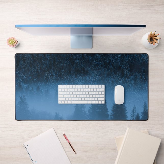 Magical fog over snowy spruce forest desk mat (Office 1)