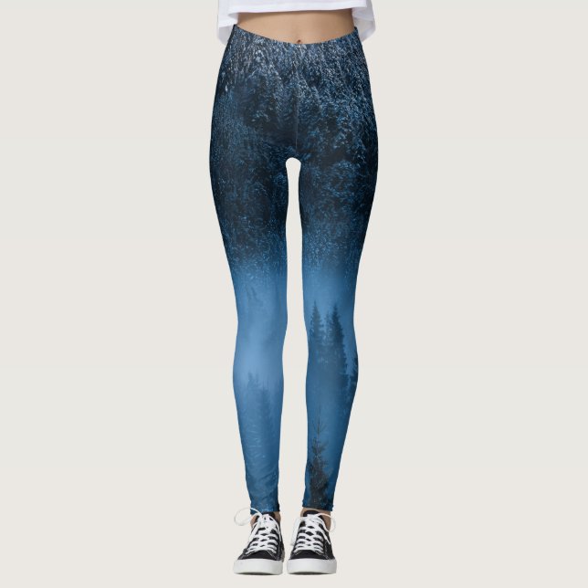Magical fog over snowy spruce forest leggings (Front)