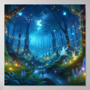 Magical Forest and Glowing Fireflies  Poster