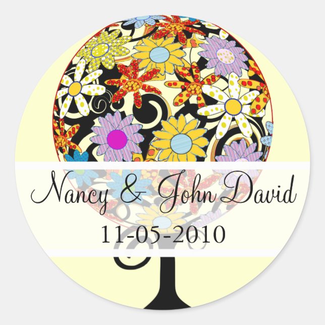 Magical Forest Circle of Love Flower Tree Wedding Classic Round Sticker (Front)