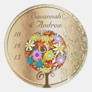 Magical Forest Circle of Love Flower Tree Wedding Classic Round Sticker