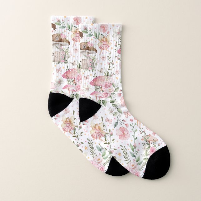 Magical Forest Fairy Pink Floral Garden Socks (Pair)