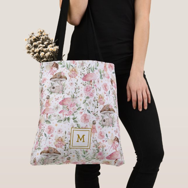 Magical Forest Fairy Pink Floral Garden Tote Bag (Close Up)
