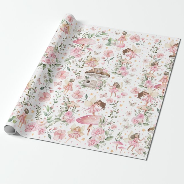 Magical Forest Fairy Themed Garden Tea Party Wrapping Paper (Unrolled)