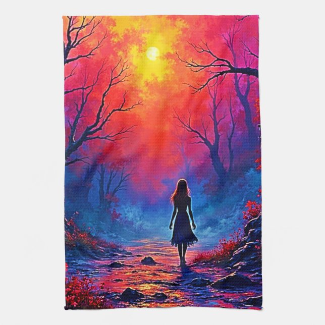 Magical Forest Girl's Solitude Design Tea Towel (Vertical)