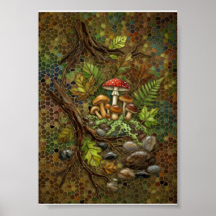 Magical Forest Mushrooms Woodland Nature Moss Flee Poster