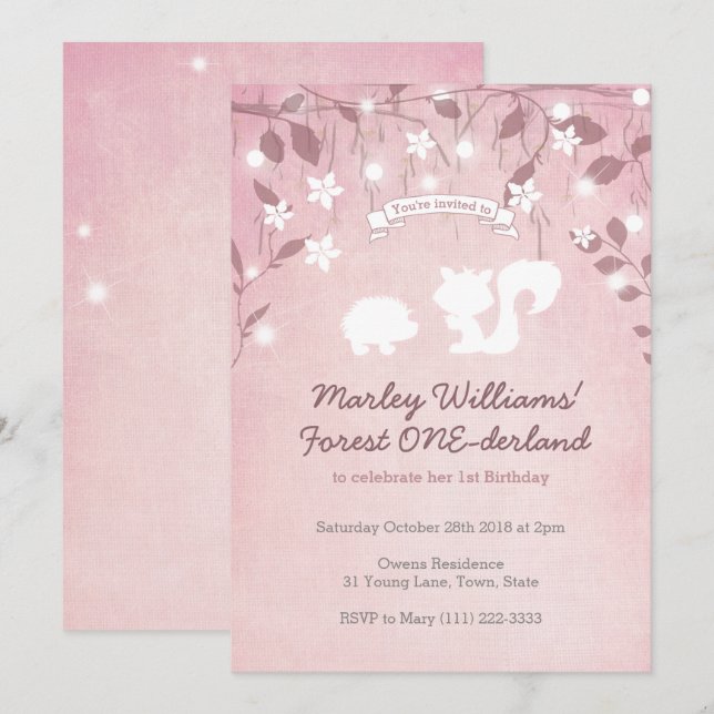 Magical Forest ONEderland Girl 1st Birthday Invitation (Front/Back)