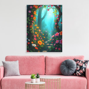 Magical Forest Pathway with Whimsical Wildflowers Canvas Print