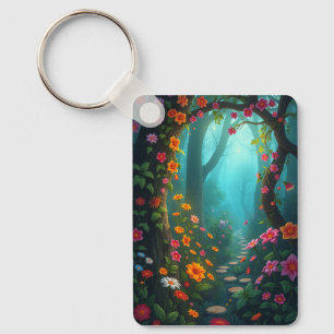 Magical Forest Pathway with Whimsical Wildflowers Key Ring