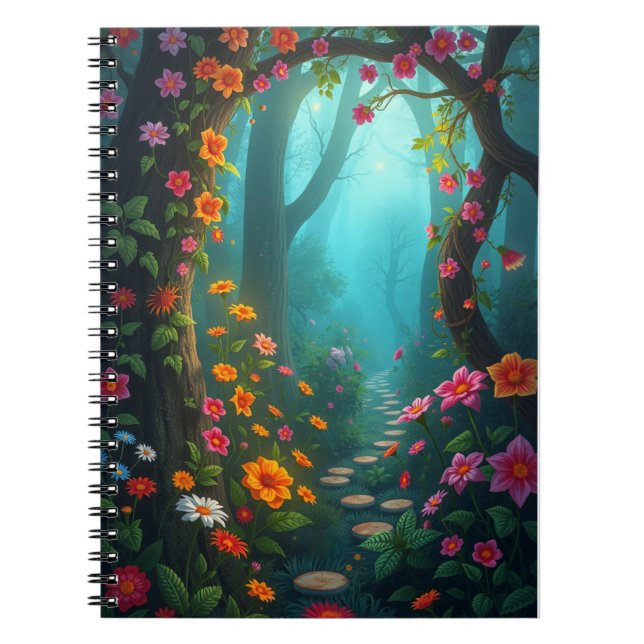 Magical Forest Pathway with Whimsical Wildflowers Notebook (Front)